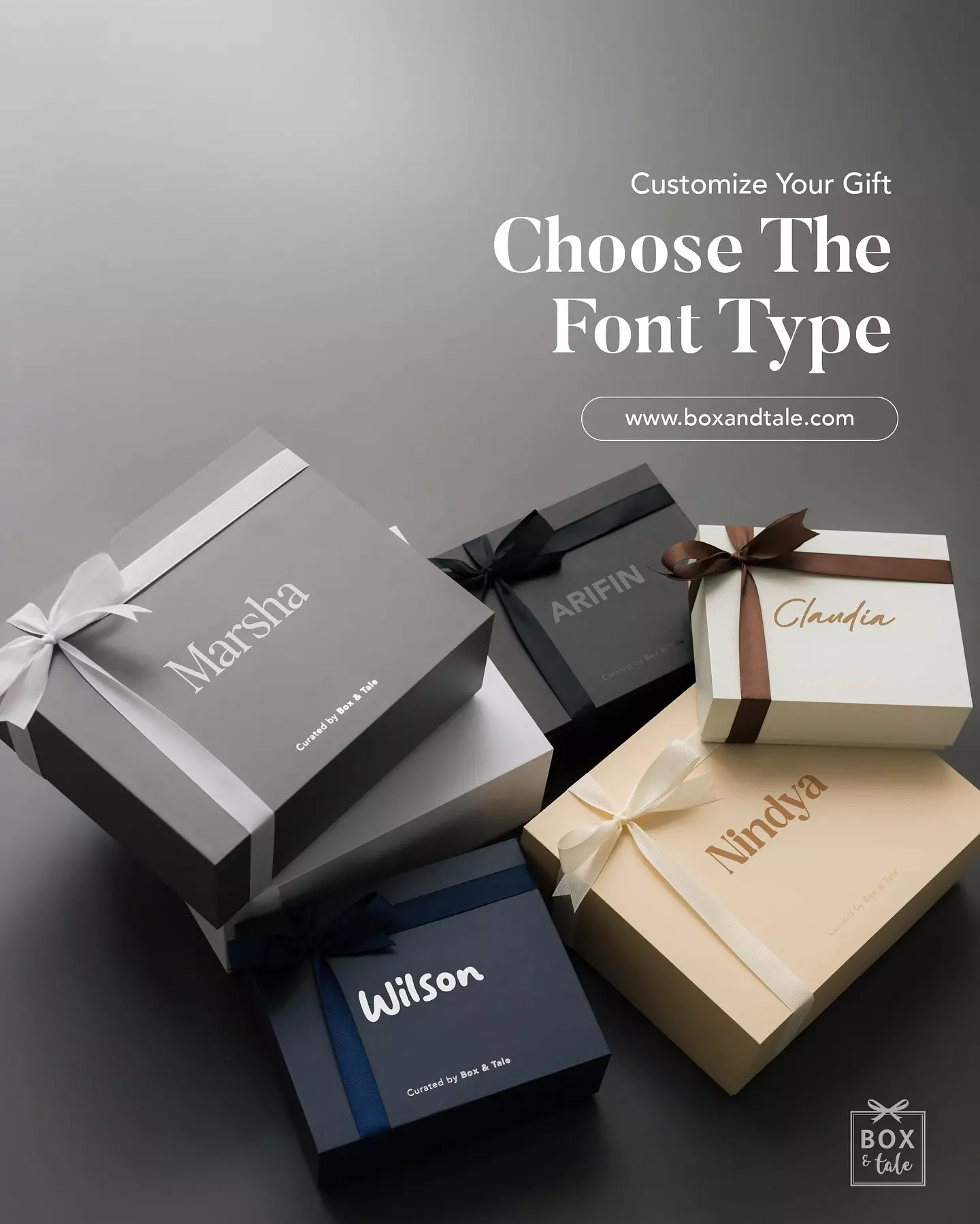More font types available at Box & Tale, which font type do you like better? SWIPE LEFT

“Kak bisa custom font ini gak?”
“Aku mau request bentuk tulisannnya gini ya kak…”

Kita mungkin gabisa fulfill semua request kalian, but we do add more options on the website to choose from agar kado kalian semakin personal!

*P.s 2 font baru ini highly requested since we put them out on Christmas & Eid.

Font Type A - Simple & Minimalist
Font Type B - Classy & Elegant
Font Type C - Personal Handwritten
Font Type D - Pretty & Delicate
Font Type E - Fun & Playful

Which one do you like best?

#idekado #giftboxcustom #personalizedgift #kadopacar #customgift #kadoultahunik #boxandtale