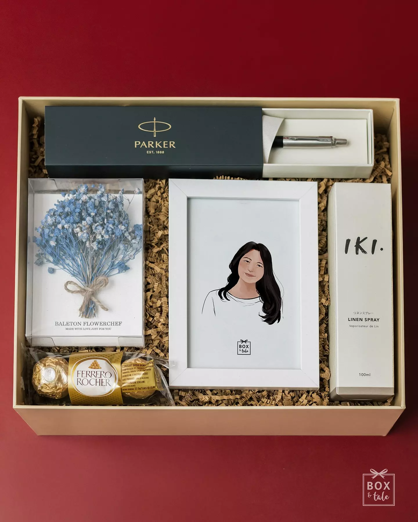 Swipe left for details, A+ for thoughtful gift — if we do say so ourselves 💕💕

What’s Inside:
Box & Tale’s Personalized Box Large in Cream
Custom Illustration by Juju
Parker Jotter Special Black BP
Ferrero Rocher
Eternel Blue by Baleton Flowerchef
Linen Spray by Iki Home
Greeting Card

Available at Tokopedia, Shopee, Tiktok, and Box & Tale’s Website! 👆🏻

#boxandtale #digitalillustrations #customgift #giftideasforher #kadopacar #customgiftbox