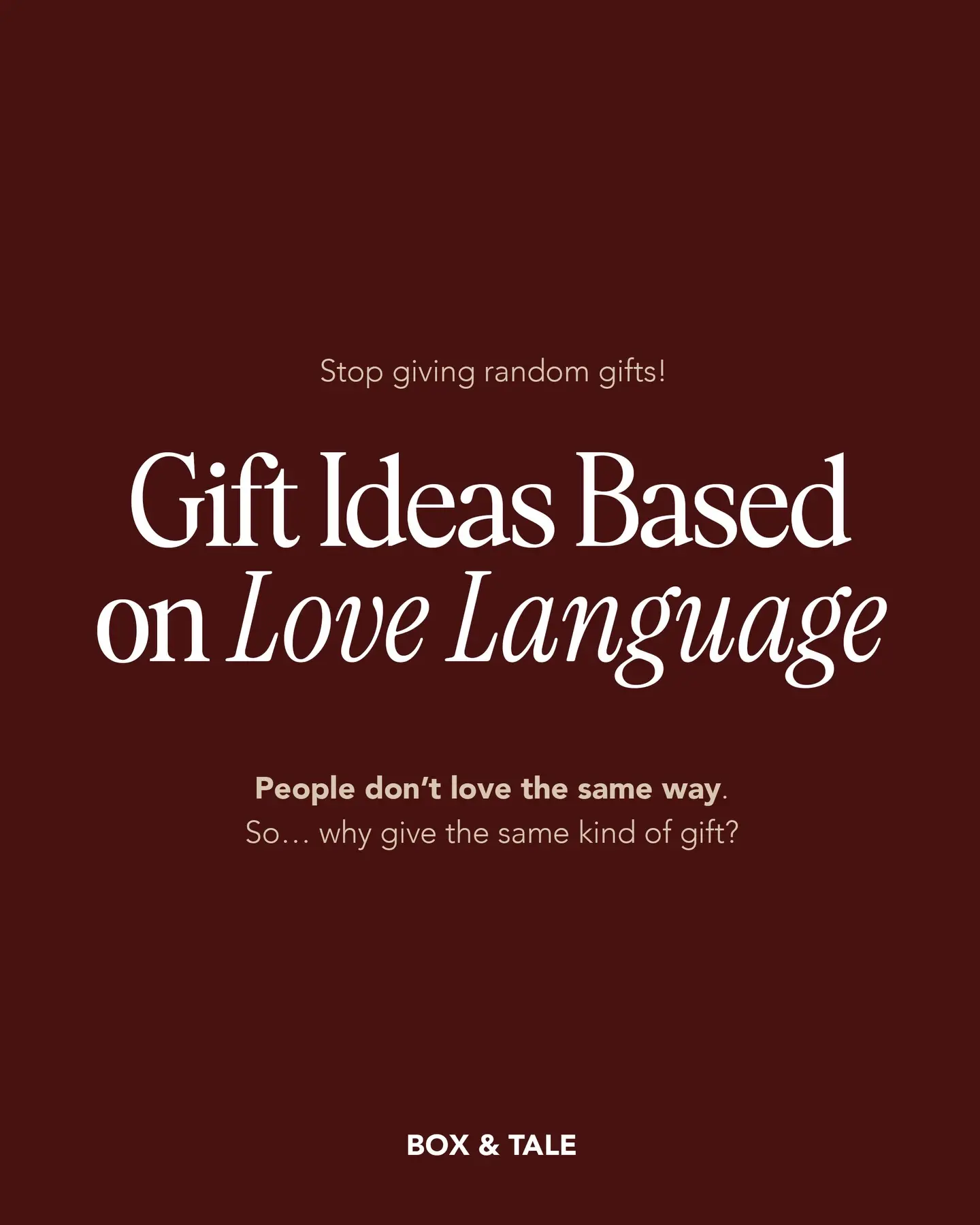 Different people, different ways to feel loved.
So… kamu sudah kasih yang tepat belum! 👀

Save this for later! 💕

P.s Personalized Gifting from Box & Tale is here to help, Monday to Saturday. Link in bio or DM for more info! 👆🏻

#boxandtale #giftideas #lovelanguages